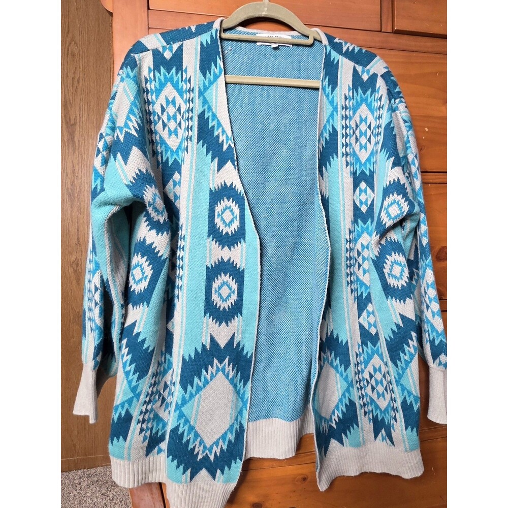 Crazy Train Cardigan Sweater Size Large Blue Southwestern Aztec Western Cowgirl